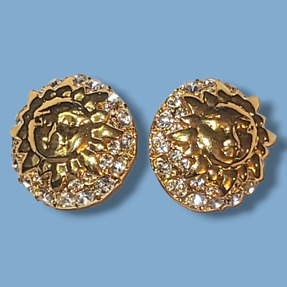 Vintage Gold Sun Face Rhinestone‎ Clip On Earrings Celestial Statement Jewelry